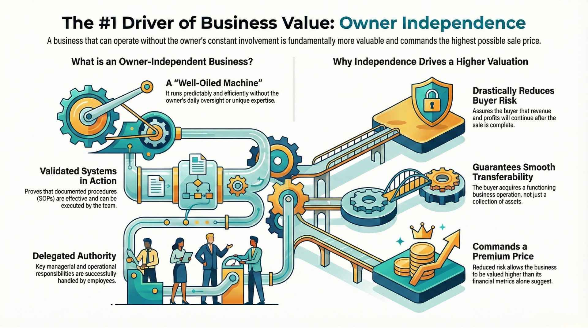 infographics about business valuation and value drivers. Owner dependency is a major factor