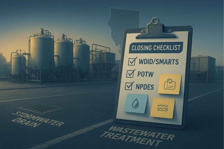 California industrial yard with wastewater equipment, stormwater drains, and a closing checklist clipboard labeled with WDID/SMARTS, POTW, and NPDES icons.