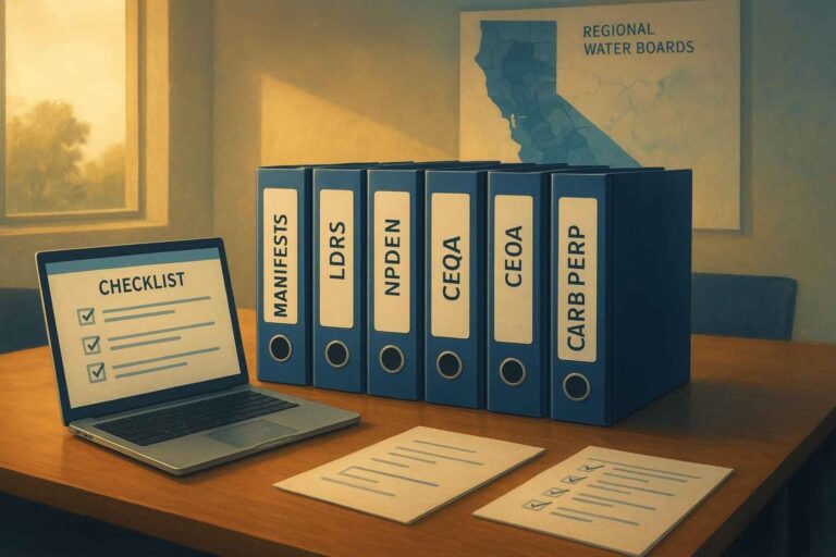 Organized California environmental due diligence workspace with binders for DTSC, LDRs, NPDES, CEQA, Cal/OSHA, and CARB PERP next to a laptop checklist