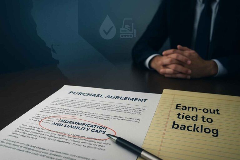California M&A negotiation scene with indemnification, liability caps, and backlog earn-out notes on a purchase agreement