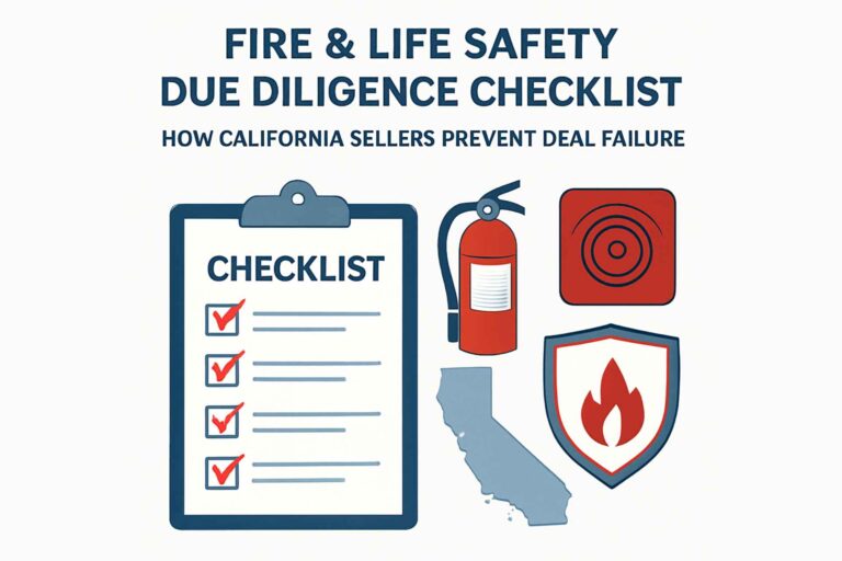A digital art image that resembles this topic: Fire & Life Safety Due Diligence Checklist: How California Sellers Prevent Deal Failure