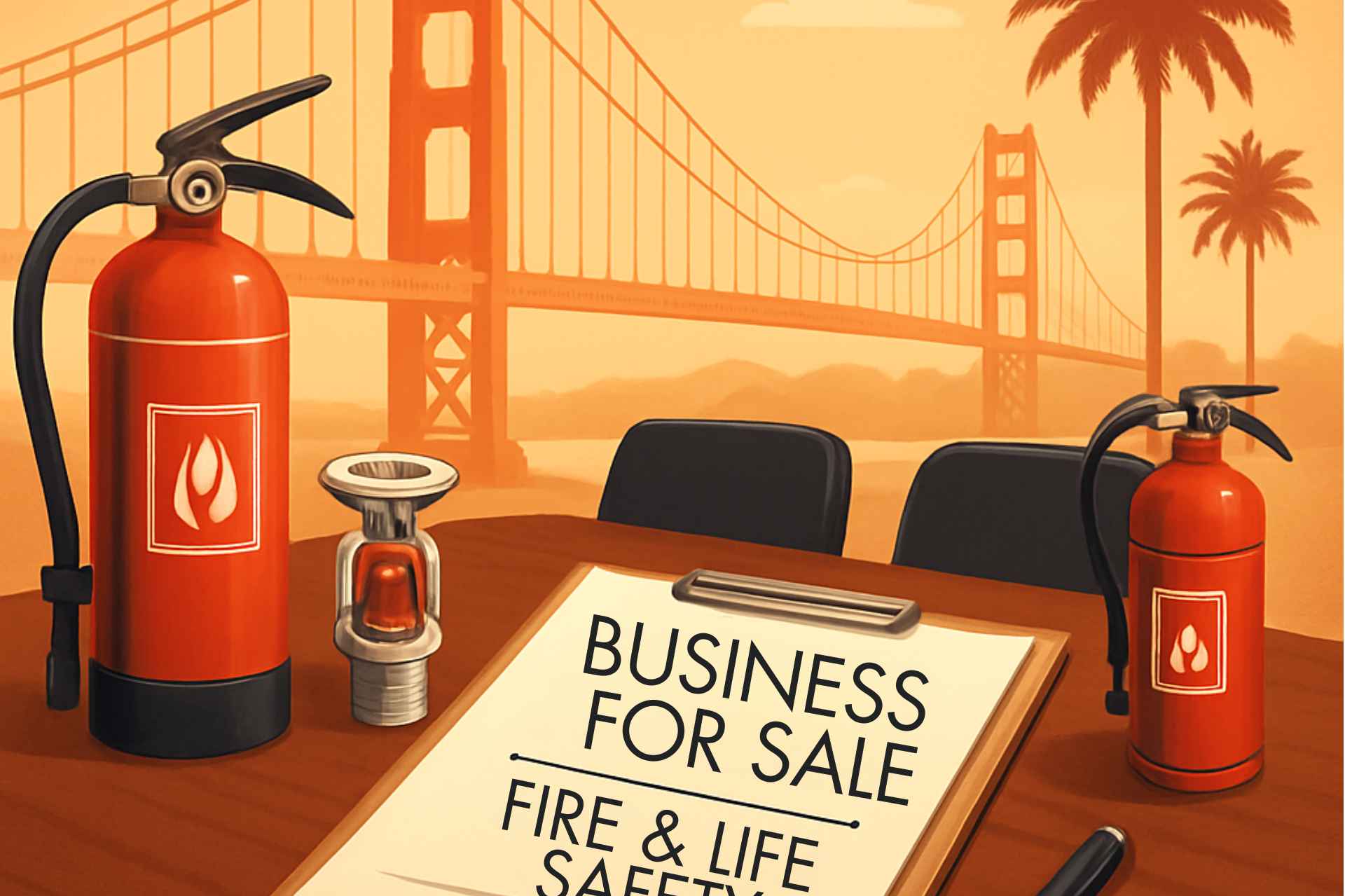 Digital art image showing the famous San Fransico Bridge and the writing: Business for sale | Fire & Life Safety.