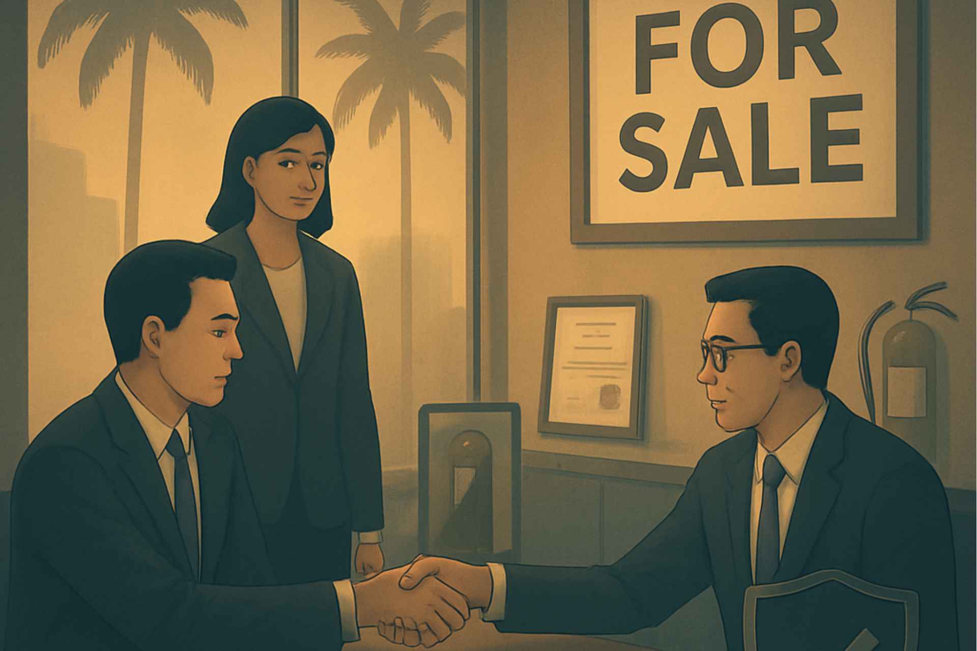 A digital art image resembles the theme of Negotiating the Sale of a Fire & Life Safety Business in California