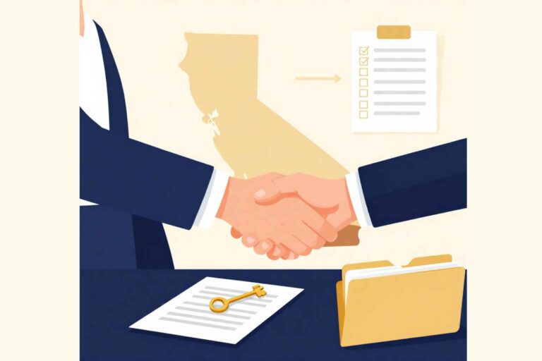 features a business handshake with a California silhouette, a golden key on signed documents, a checklist, and a folder, all in navy and gold tones.