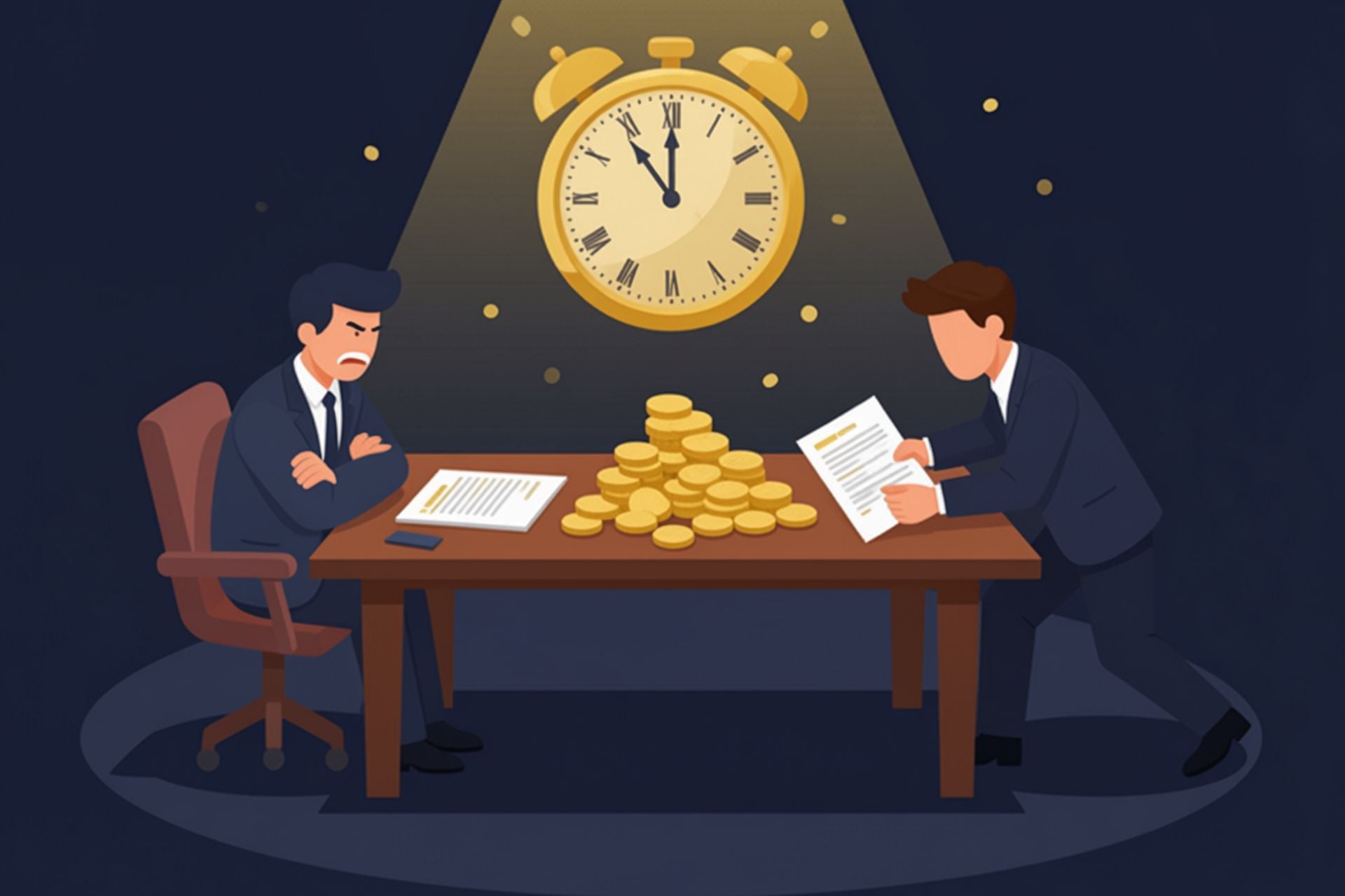 The image shows a tense negotiation scene with a demanding buyer, gold coins on the table, and a looming clock - capturing that high-stakes pressure nicely.