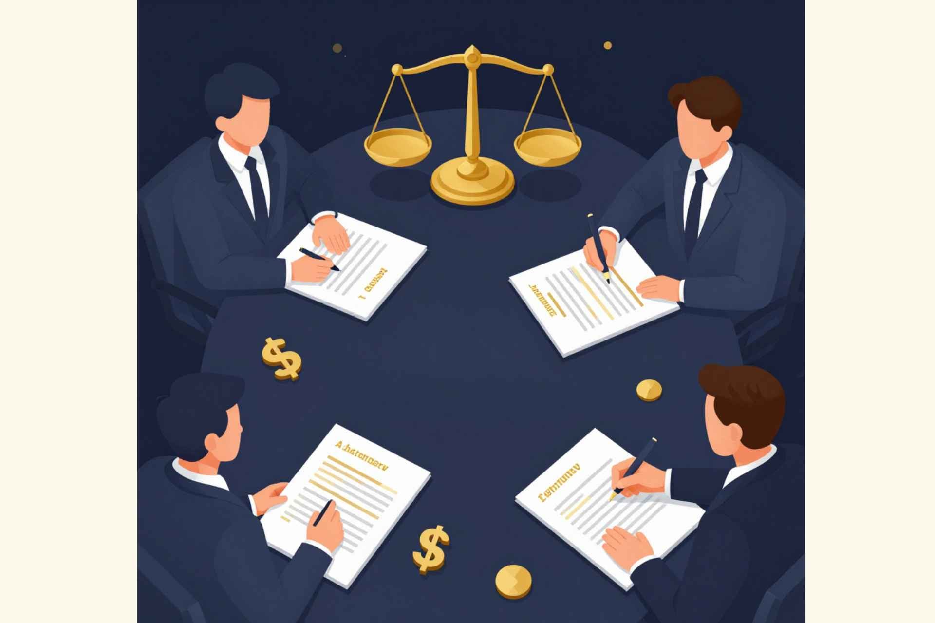 digital art image showing an M&A negotiation scene with professionals around a table, contracts, a scale of justice, and dollar symbols.