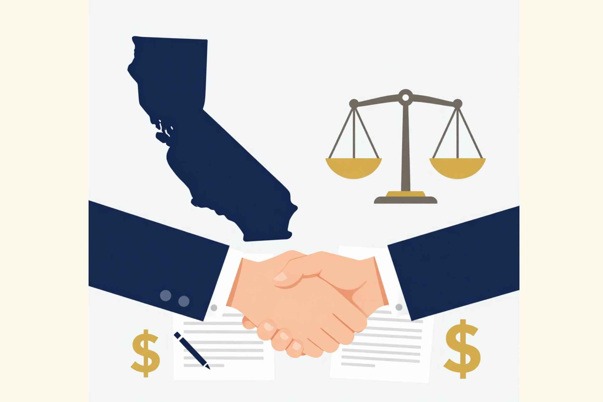 The image shows a handshake over contracts with a balance scale, California outline, and dollar signs — nicely captures the negotiation and risk theme.