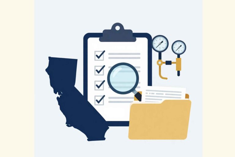 The image shows a clipboard checklist, magnifying glass, pressure gauges, California silhouette, and organized documents - all fitting the TICC due diligence theme.