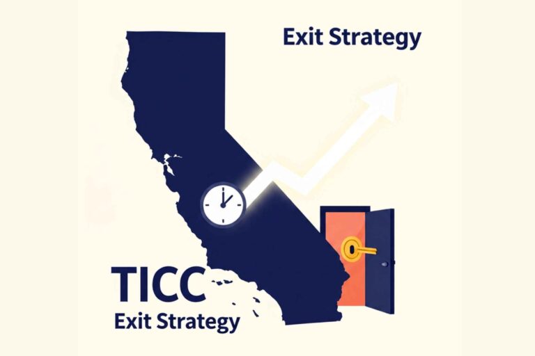digital art image representing a TICC Exit Strategy in California — it features a state silhouette with an upward growth arrow, a clock for timing, and a key/door symbolizing the exit opportunity.