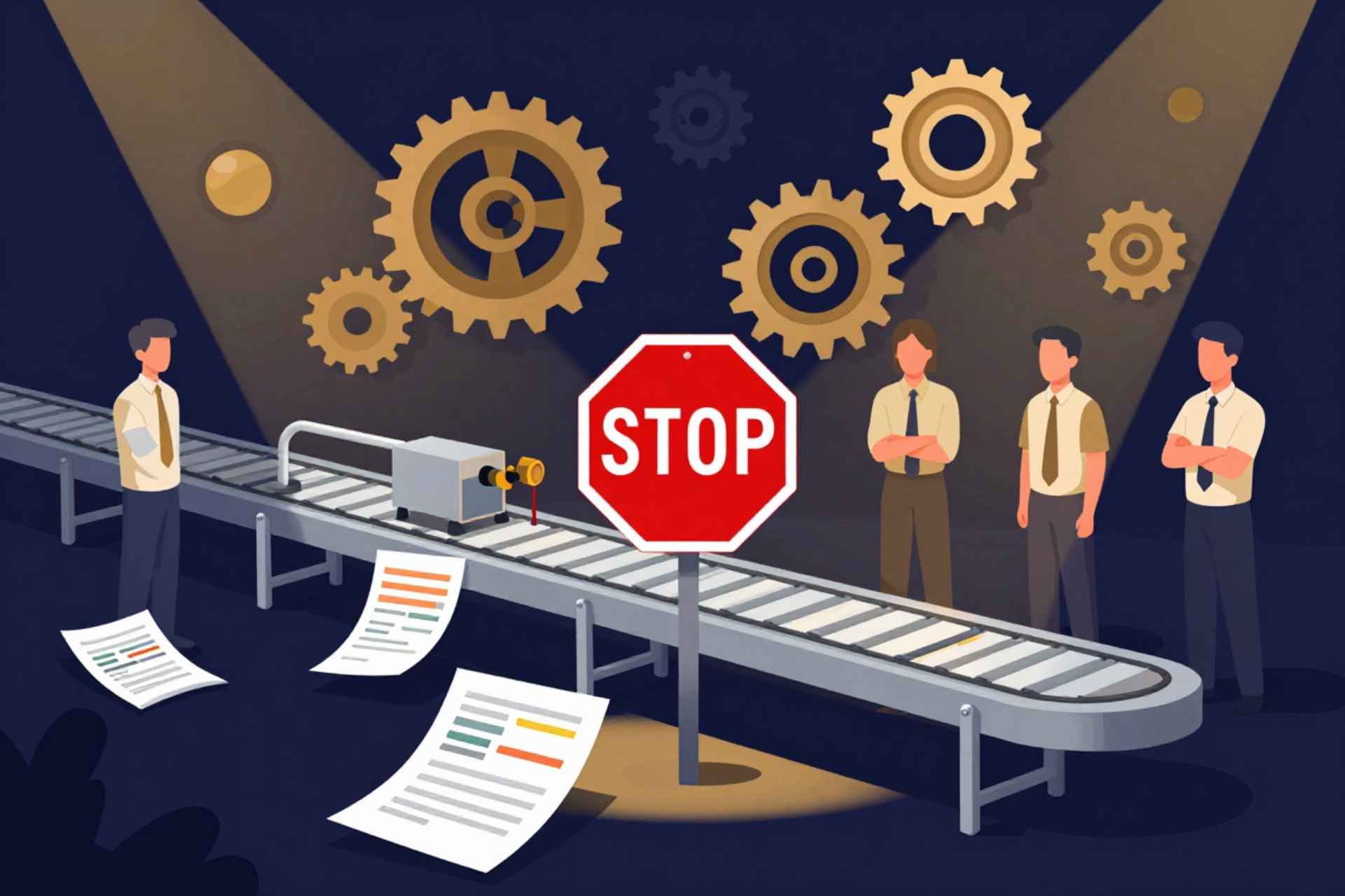 image — a stopped conveyor belt with scattered documents, idle workers, and broken gears, all spotlighted to emphasize the disruption caused by poor planning.