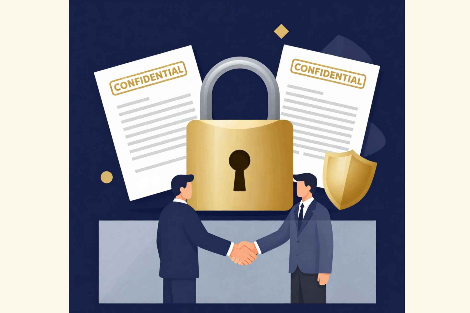 The image shows a padlock, confidential documents, a shield, and two professionals shaking hands, all fitting the confidentiality theme.