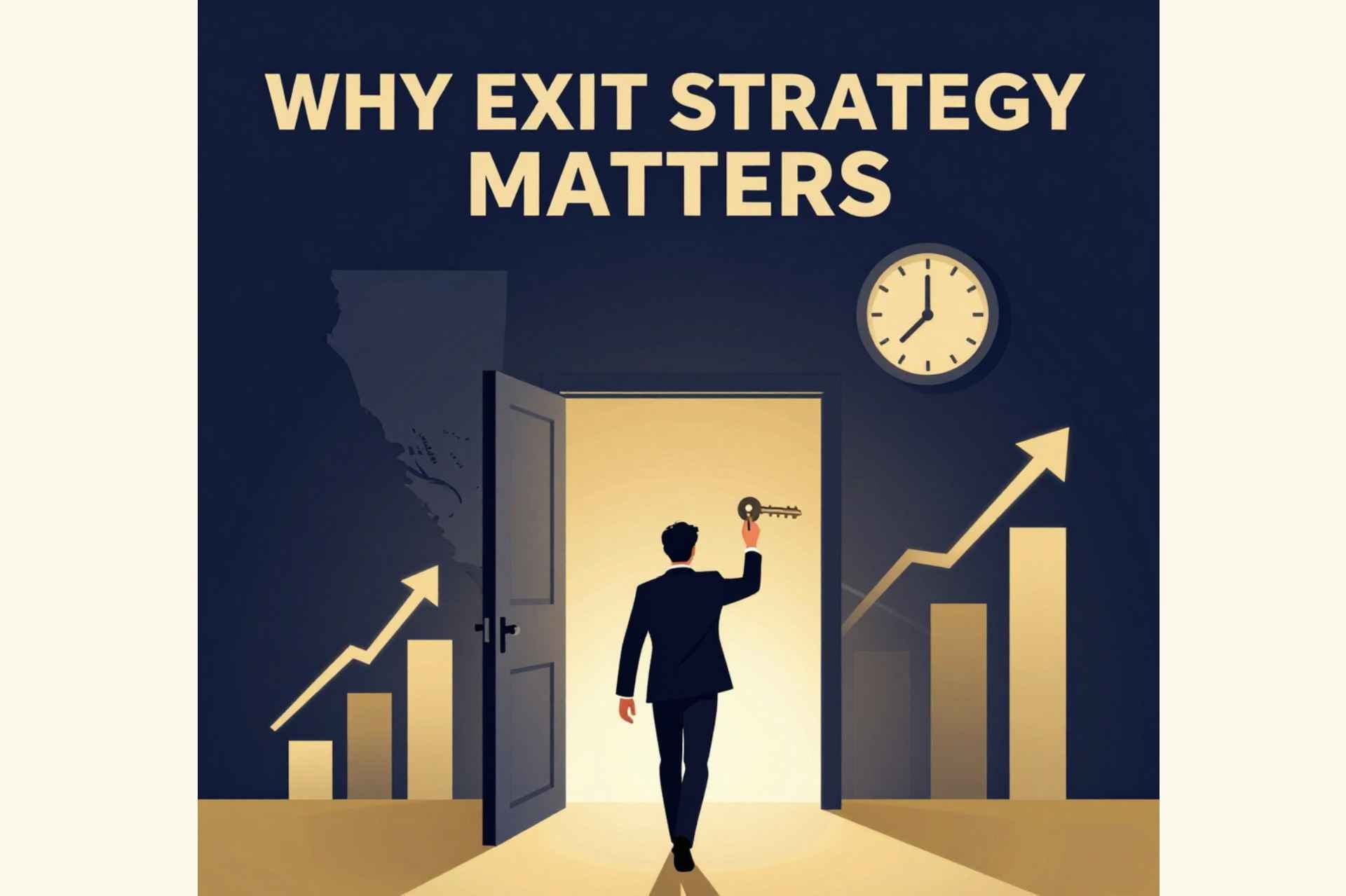 Done! The image shows a business owner walking through an open door with a key, growth charts, a clock, and a California silhouette — all tying into the exit strategy theme.