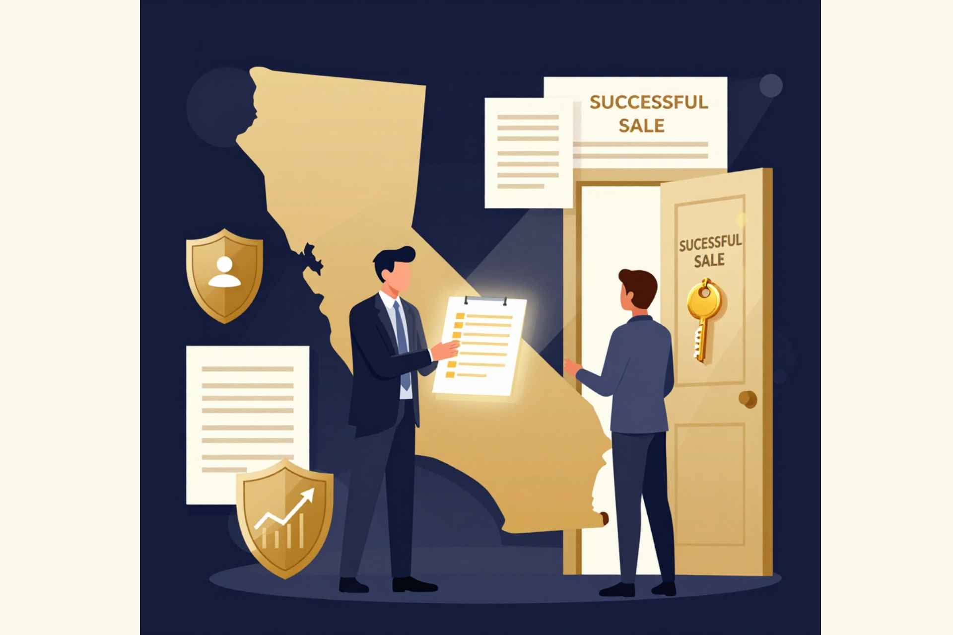 Done! The image shows a broker guiding a business owner through a California divestiture, with compliance shields, documents, and a "Successful Sale" door.