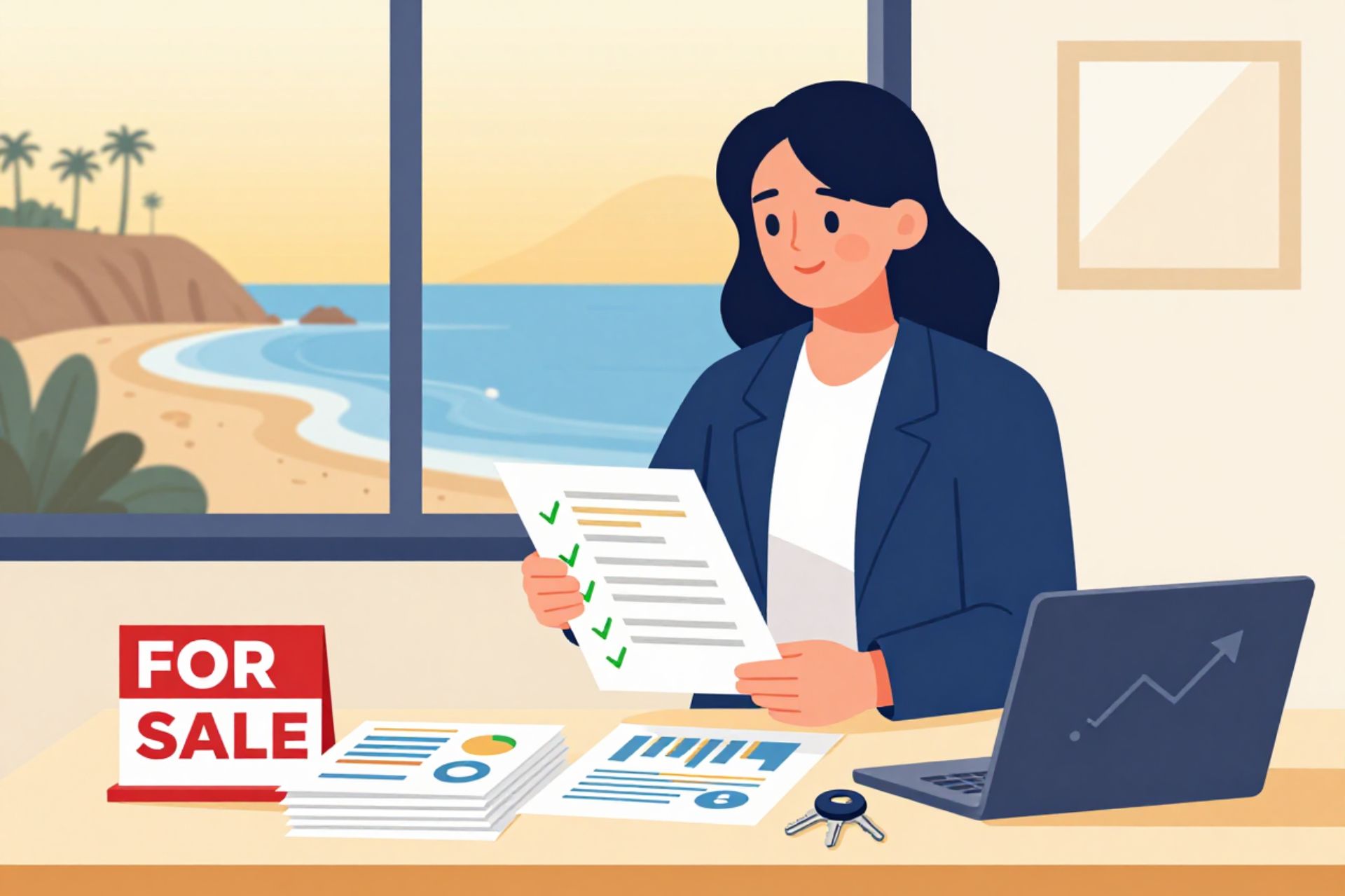 Digital art image: a business owner reviewing a checklist with financial documents, a "For Sale" sign, and the California coast in the background. It captures the preparation theme nicely.