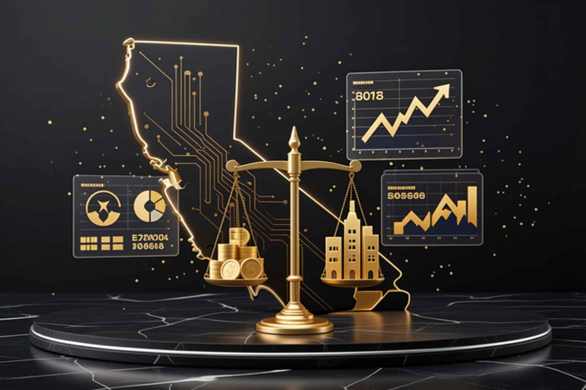 a golden balance scale with coins and a building, California outline, and holographic financial charts on a dark marble base.