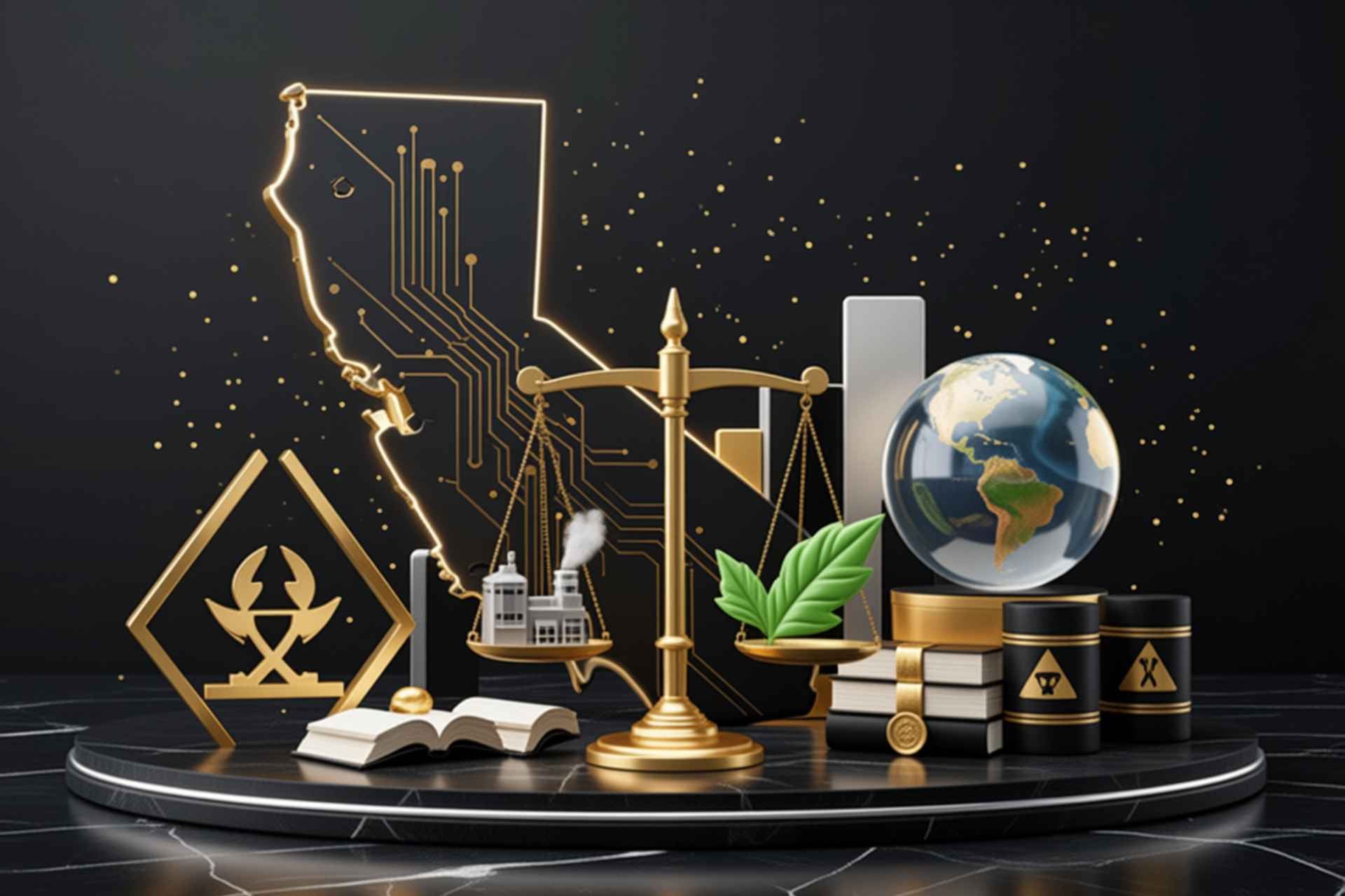 California's silhouette, scales of justice, environmental elements, and regulatory symbols in a premium gold-and-black aesthetic.