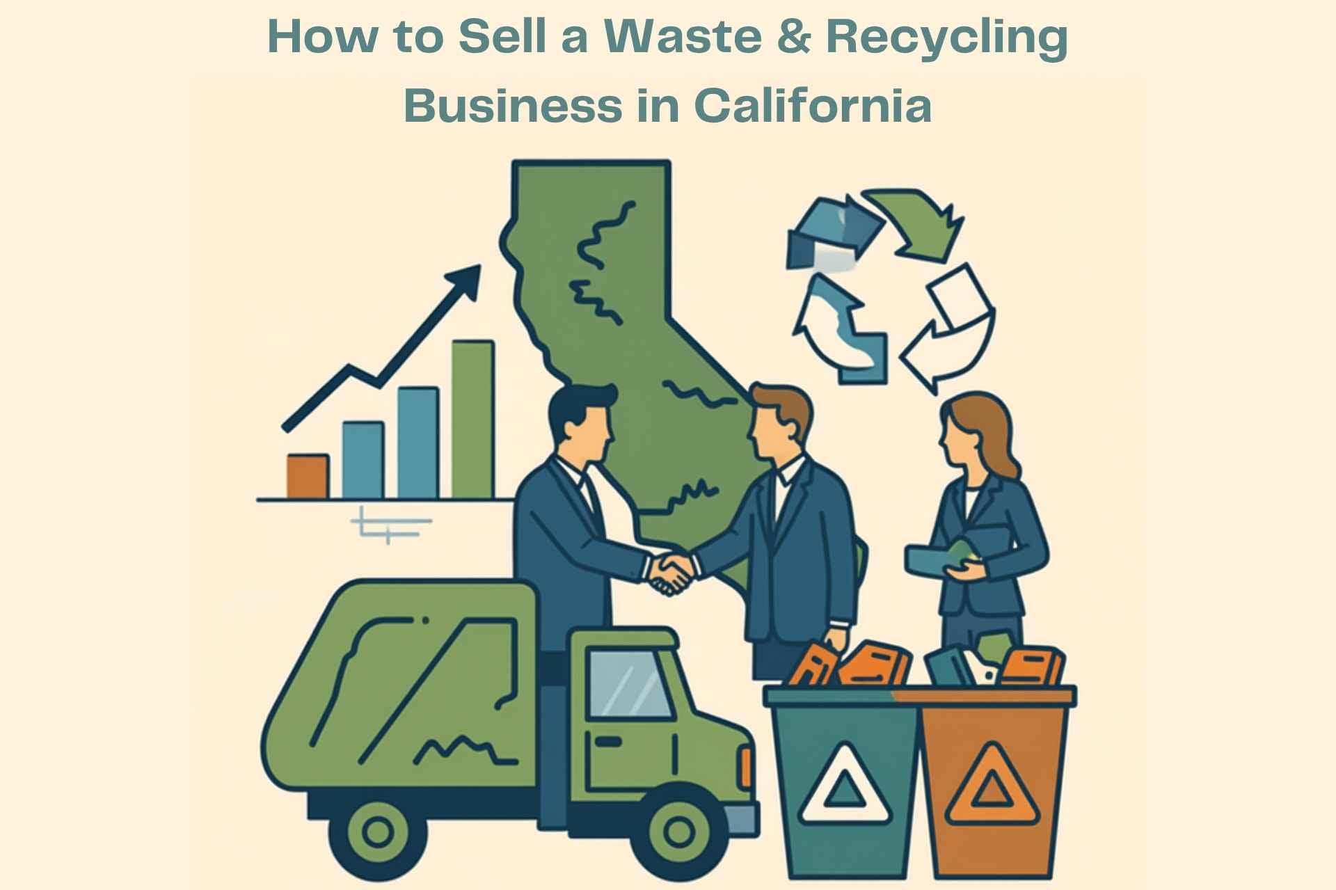 a California silhouette, business handshake, recycling truck, bins, and a growth chart