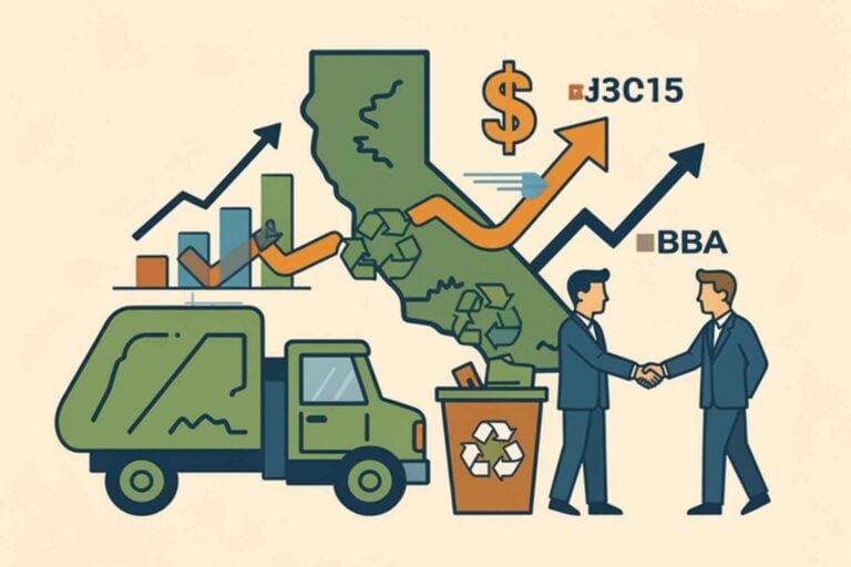 waste & recycling business valuation in California — it includes a garbage truck, recycling symbols, the California silhouette, financial charts, and a buyer-seller handshake. There's some garbled text from the AI ("J3C15", "BBA")