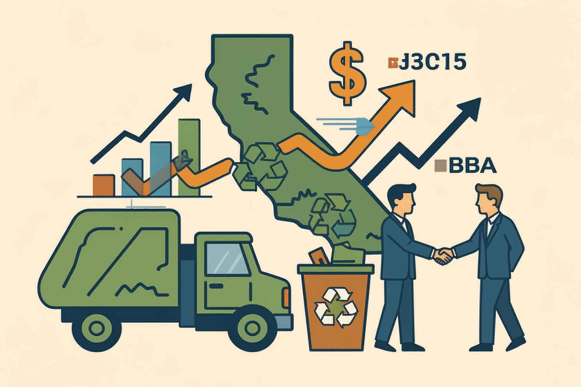 waste & recycling business valuation in California — it includes a garbage truck, recycling symbols, the California silhouette, financial charts, and a buyer-seller handshake. There's some garbled text from the AI ("J3C15", "BBA")