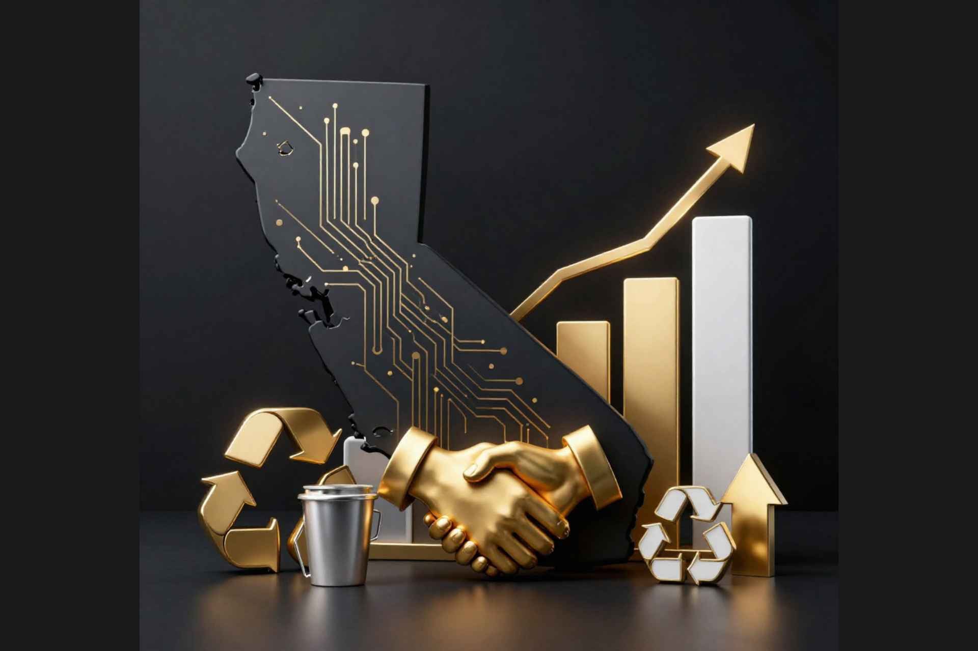 a California silhouette with gold circuit patterns, a metallic handshake, rising bar chart, and recycling symbols in a premium cinematic style.