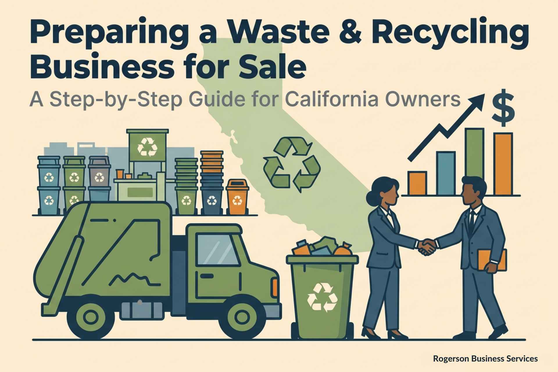 A professional cover image showing a waste and recycling business being prepared for sale, with industry imagery and Rogerson Business Services branding.